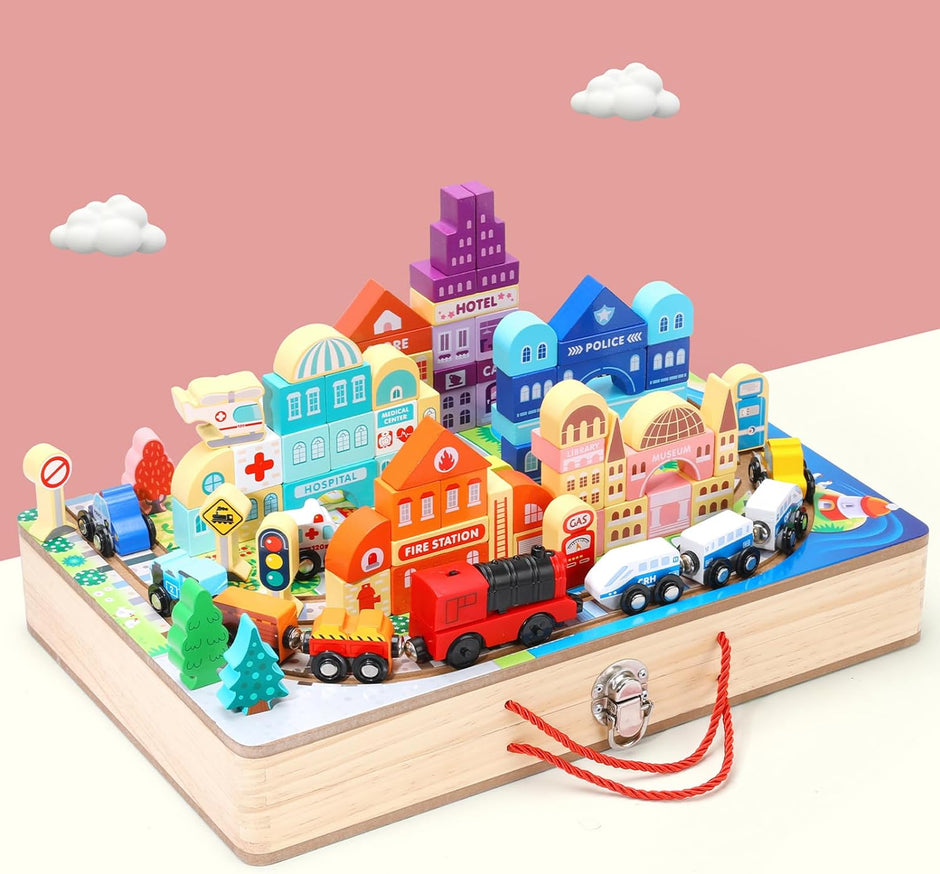 Ciudad en Movimiento – Maletín de Construcción y Trenes de Madera
