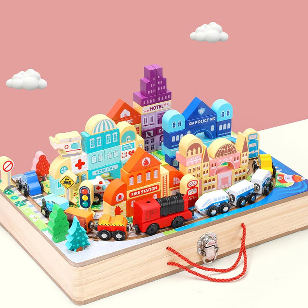 Ciudad en Movimiento – Maletín de Construcción y Trenes de Madera