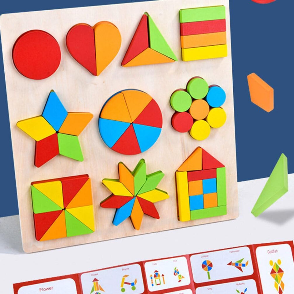 Colección Montessori de Figuras y Fracciones – 10 Puzzles de Madera para Aprender Jugando