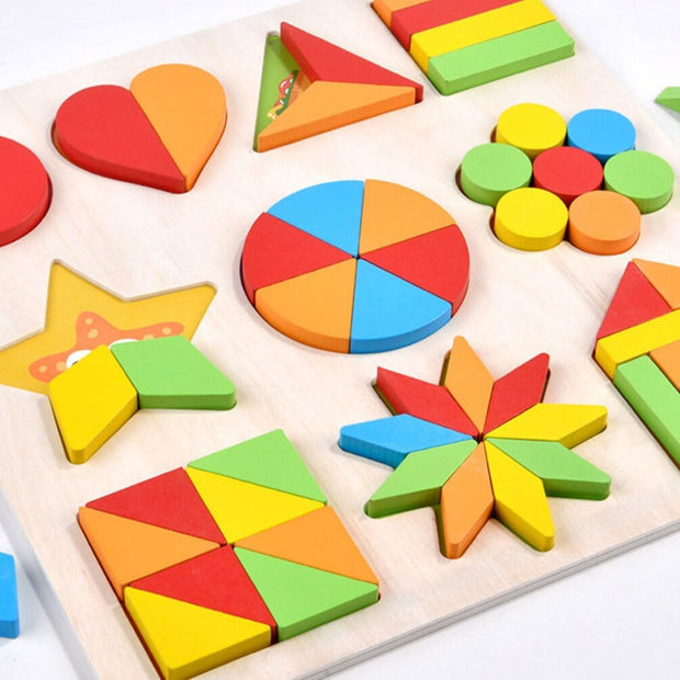 Colección Montessori de Figuras y Fracciones – 10 Puzzles de Madera para Aprender Jugando