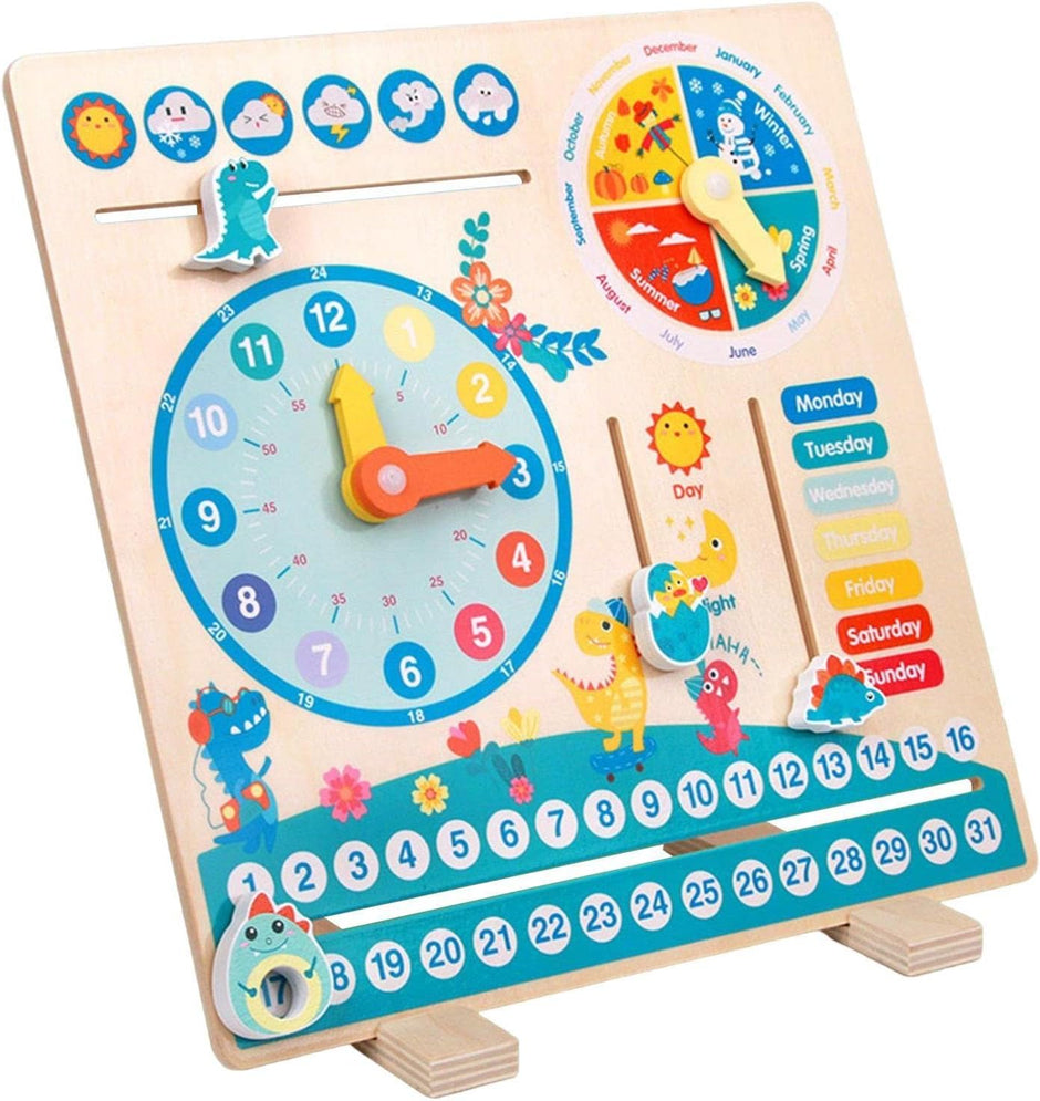 DinoCalendario – Tablero de Madera para Aprender el Tiempo, el Clima y la Rutina Diaria