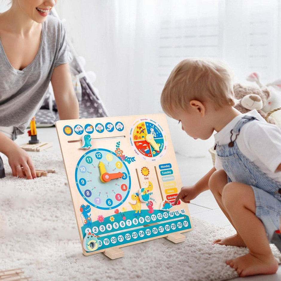 DinoCalendario – Tablero de Madera para Aprender el Tiempo, el Clima y la Rutina Diaria