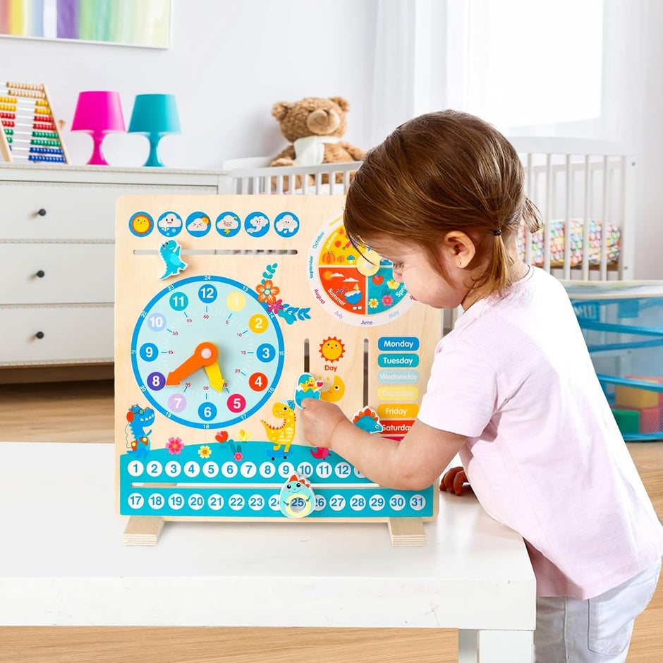 DinoCalendario – Tablero de Madera para Aprender el Tiempo, el Clima y la Rutina Diaria