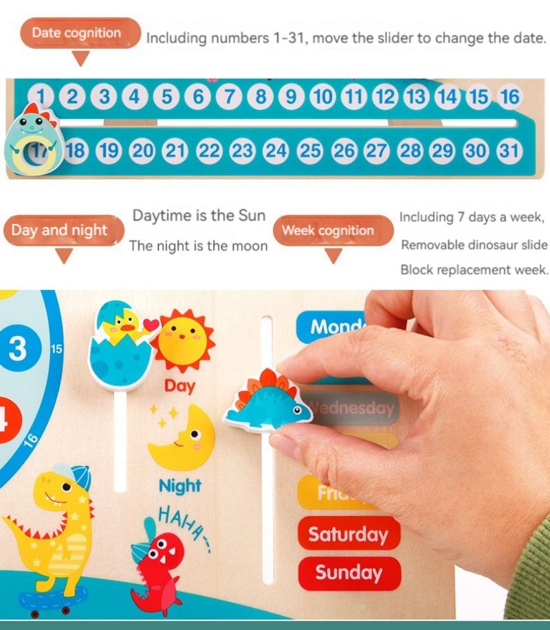 DinoCalendario – Tablero de Madera para Aprender el Tiempo, el Clima y la Rutina Diaria