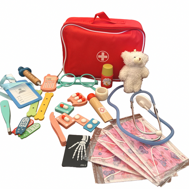 Maletín del Doctor Soñador – Kit Médico de Madera con Accesorios y Estuche de Tela