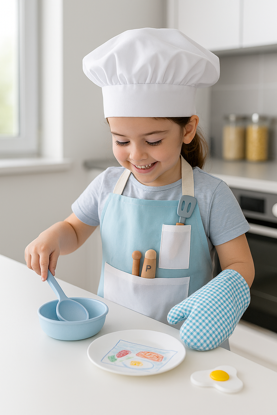 Set de Chef Montessori – Delantal, Gorro y Utensilios de Cocina de Madera