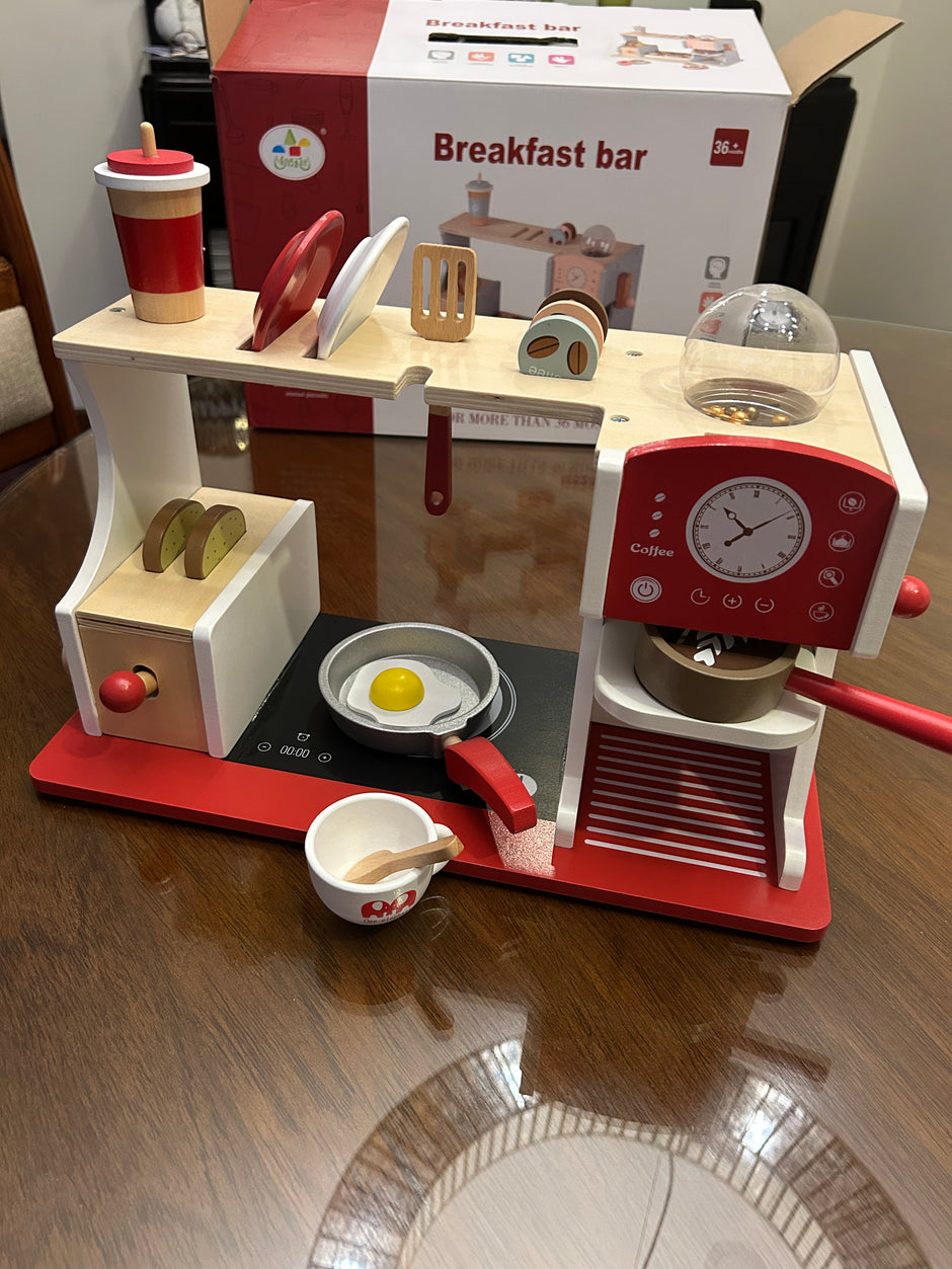 Breakfast Bar Deluxe – Desayunador de Madera con Cafetera, Tostadora y Accesorios