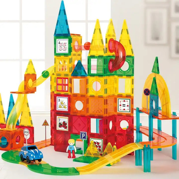 Magnetic Tiles Marble Run – 200 piezas para construir circuitos con pelotas y toboganes magnéticos