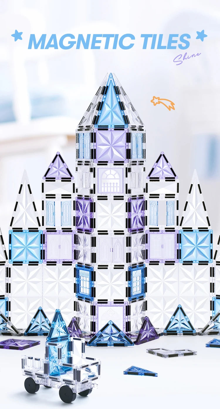 Magnetic Tiles Starshine – 100 piezas en tonos cristal, azul y morado con carrito y muñeco incluidos
