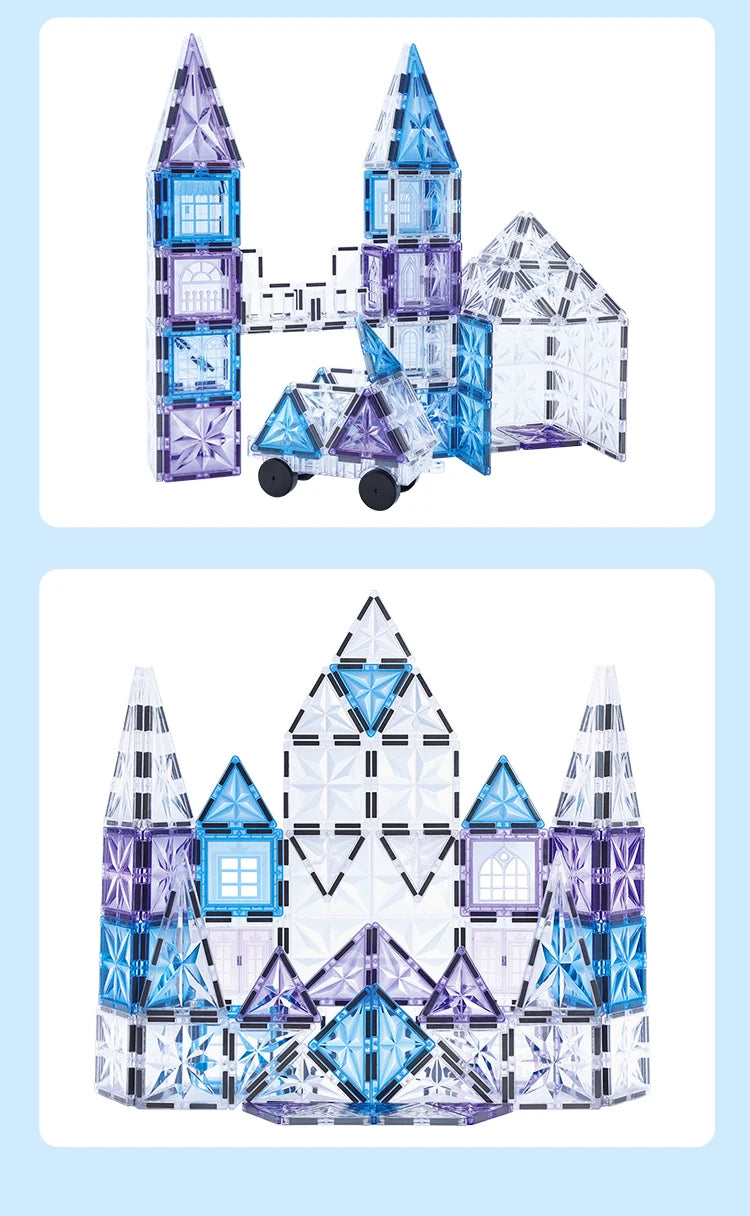 Magnetic Tiles Starshine – 100 piezas en tonos cristal, azul y morado con carrito y muñeco incluidos