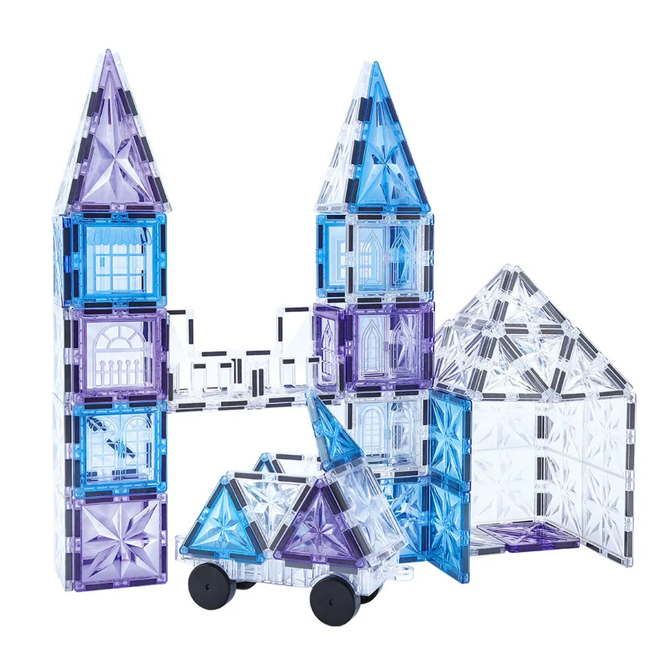 Magnetic Tiles Starshine – 100 piezas en tonos cristal, azul y morado con carrito y muñeco incluidos