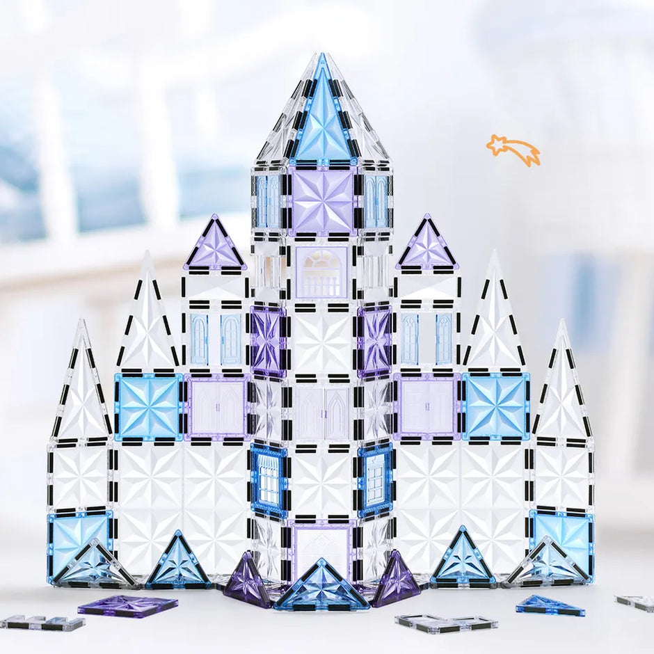 Magnetic Tiles Starshine – 100 piezas en tonos cristal, azul y morado con carrito y muñeco incluidos