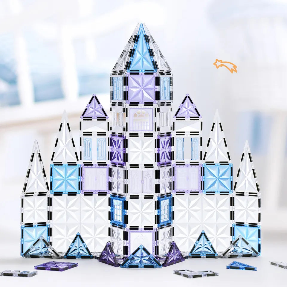 Magnetic Tiles Starshine – 100 piezas en tonos cristal, azul y morado con carrito y muñeco incluidos