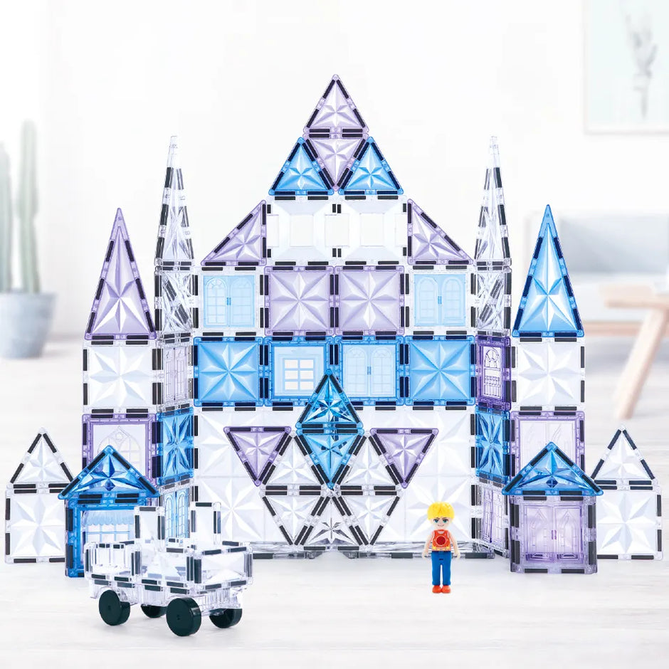 Magnetic Tiles Starshine – 100 piezas en tonos cristal, azul y morado con carrito y muñeco incluidos