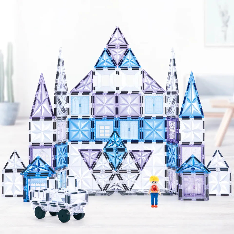 Magnetic Tiles Starshine – 100 piezas en tonos cristal, azul y morado con carrito y muñeco incluidos