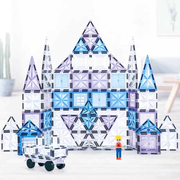Magnetic Tiles Starshine – 100 piezas en tonos cristal, azul y morado con carrito y muñeco incluidos