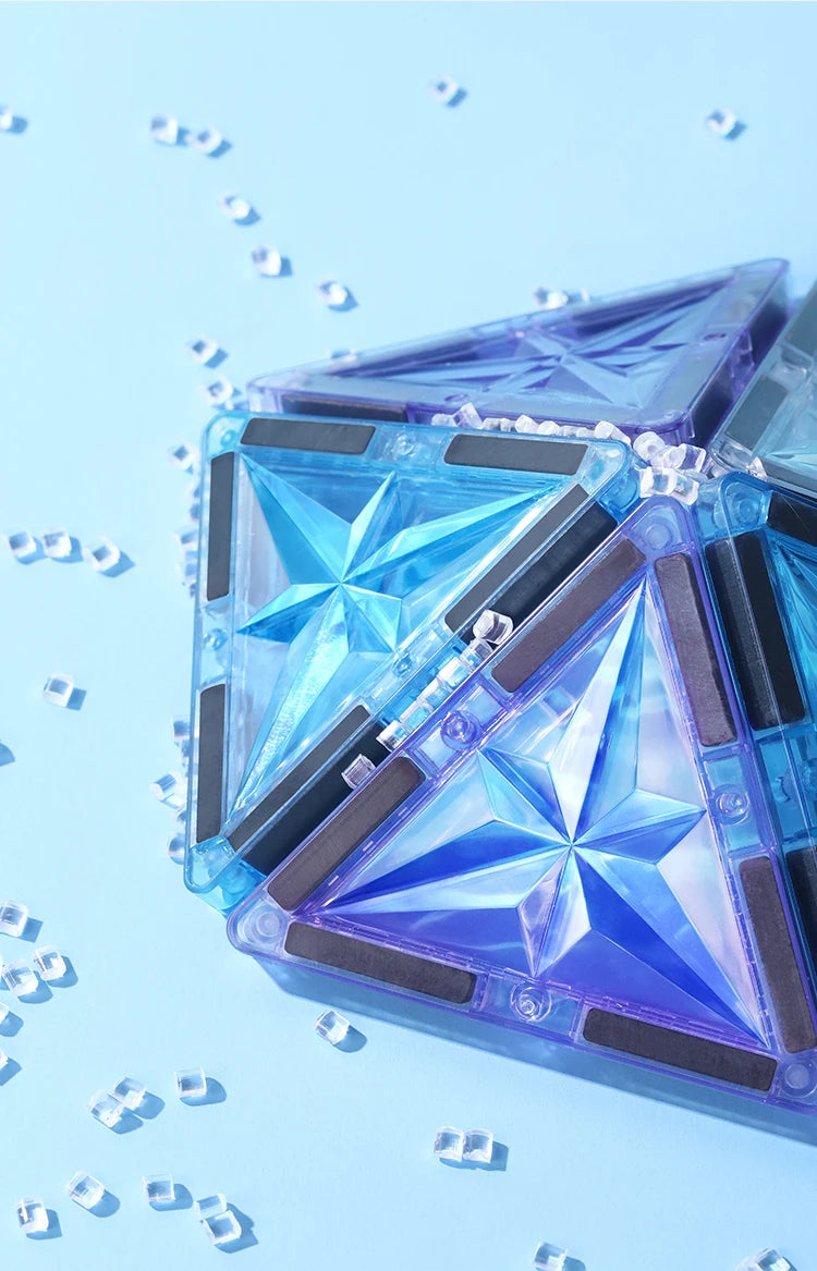 Magnetic Tiles Starshine – 100 piezas en tonos cristal, azul y morado con carrito y muñeco incluidos