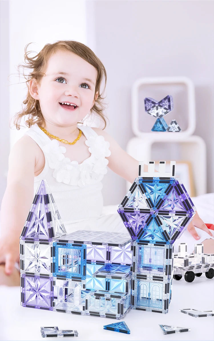 Magnetic Tiles Starshine – 100 piezas en tonos cristal, azul y morado con carrito y muñeco incluidos