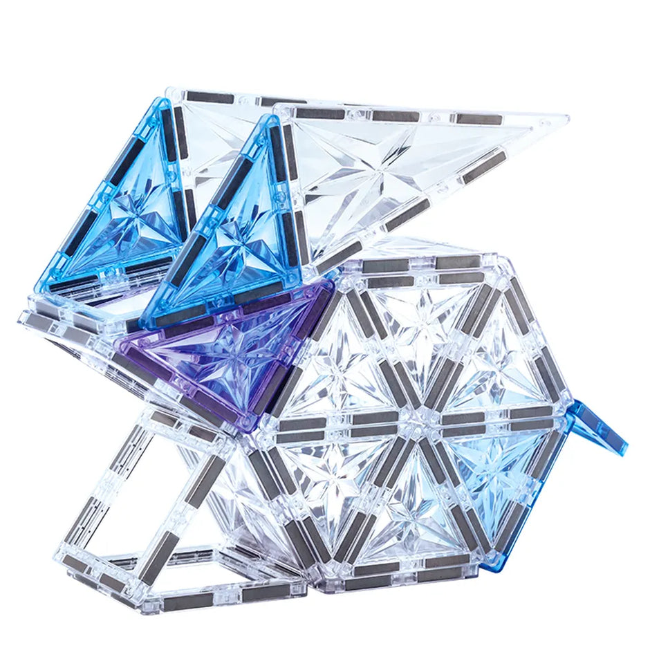 Magnetic Tiles Starshine – 100 piezas en tonos cristal, azul y morado con carrito y muñeco incluidos