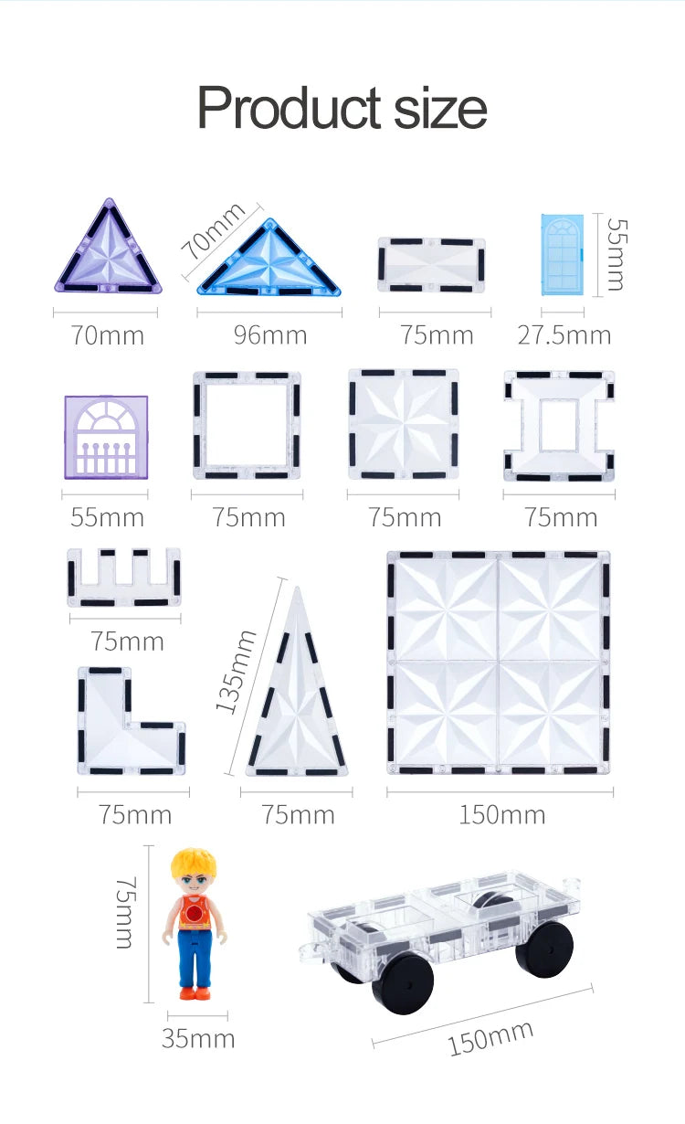 Magnetic Tiles Starshine – 100 piezas en tonos cristal, azul y morado con carrito y muñeco incluidos