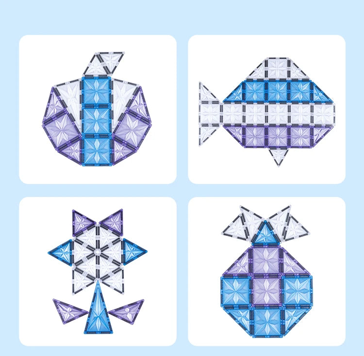 Magnetic Tiles Starshine – 100 piezas en tonos cristal, azul y morado con carrito y muñeco incluidos