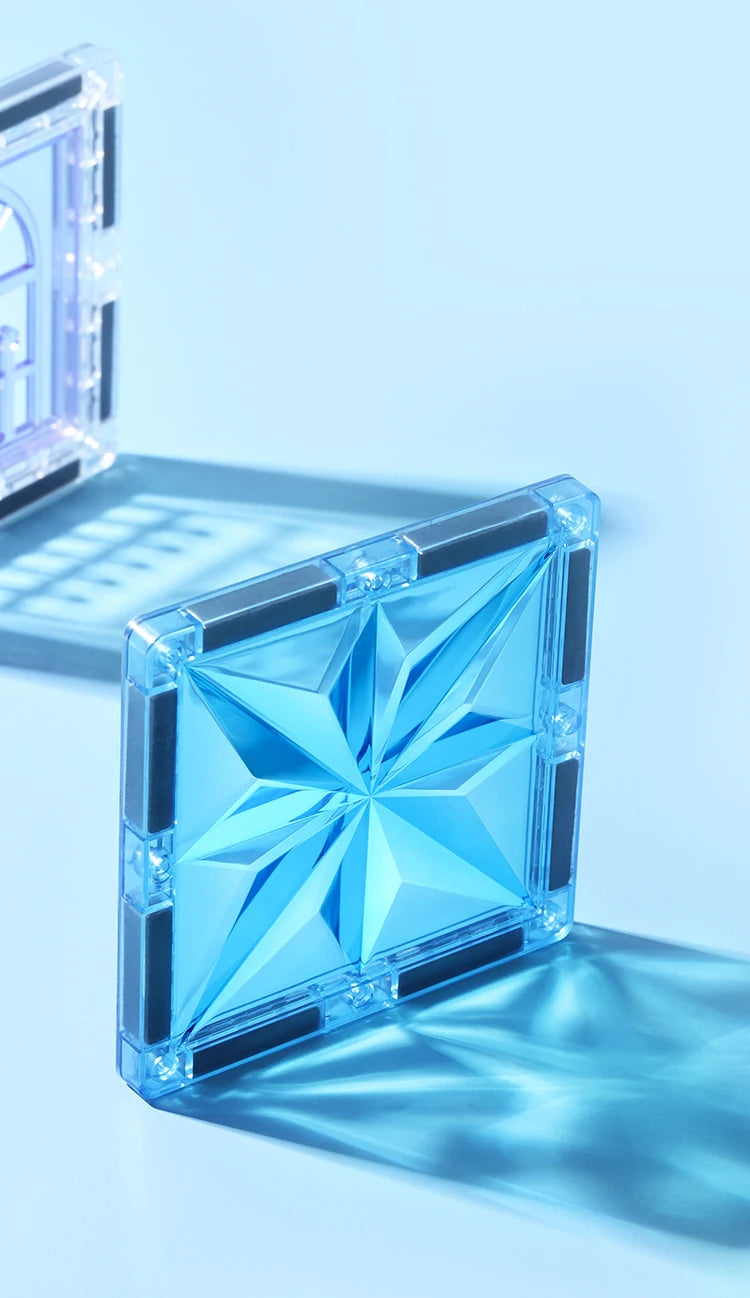 Magnetic Tiles Starshine – 100 piezas en tonos cristal, azul y morado con carrito y muñeco incluidos