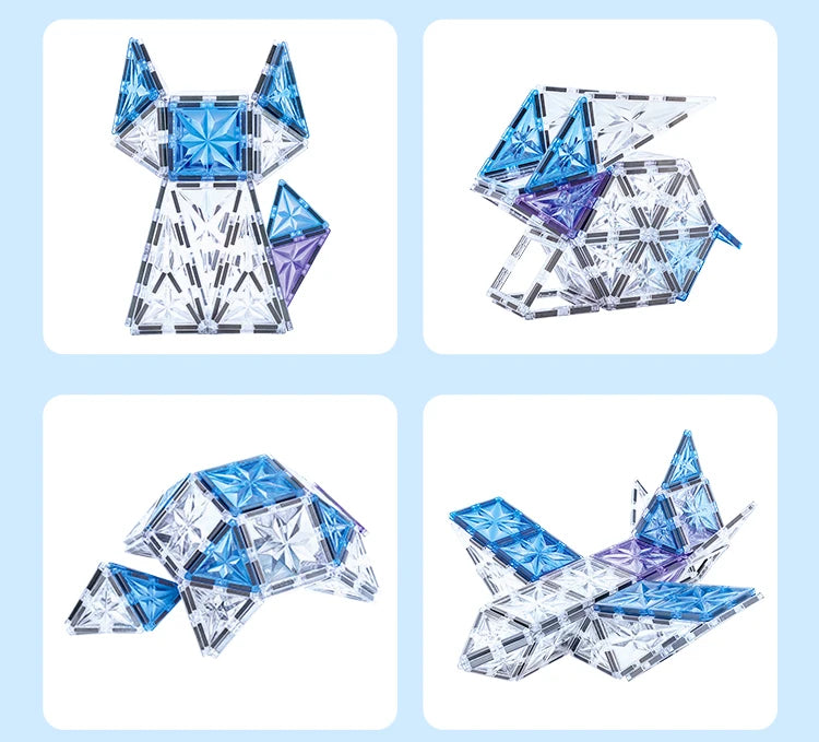 Magnetic Tiles Starshine – 100 piezas en tonos cristal, azul y morado con carrito y muñeco incluidos