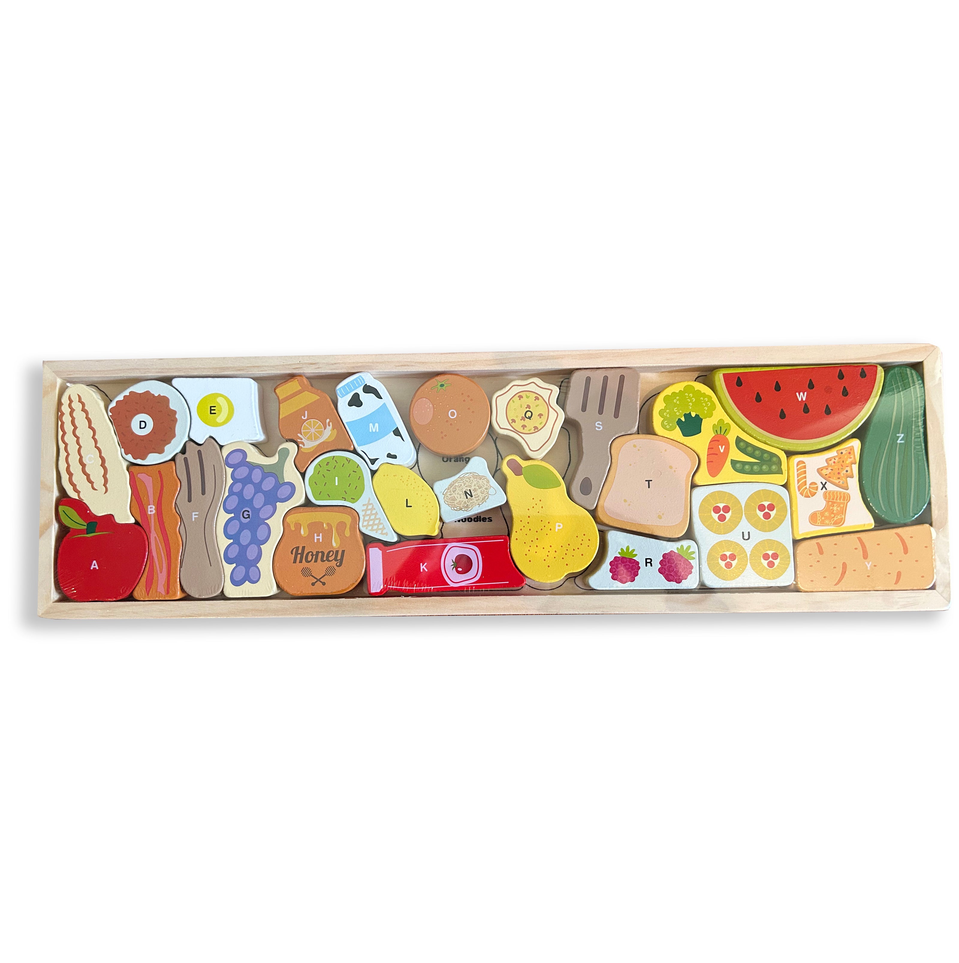 Abecedario Delicioso – Puzzle Montessori de Madera con Comidas y Letras