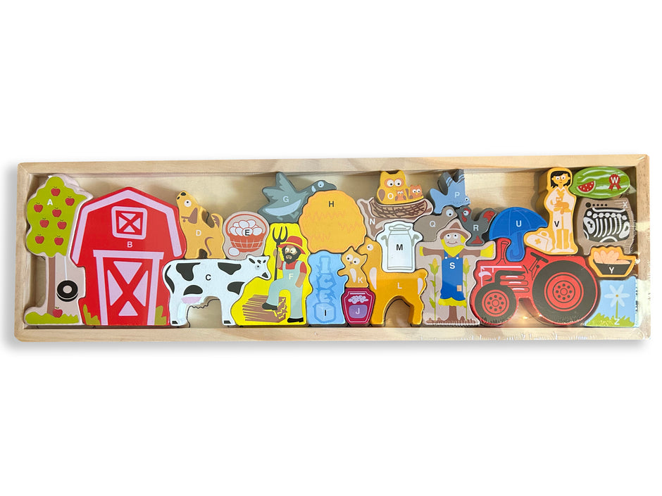 Abecedario en la Granja – Puzzle Montessori de Madera con Letras y Animales del Campo