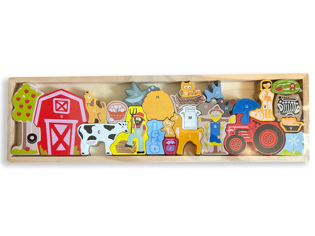 Abecedario en la Granja – Puzzle Montessori de Madera con Letras y Animales del Campo