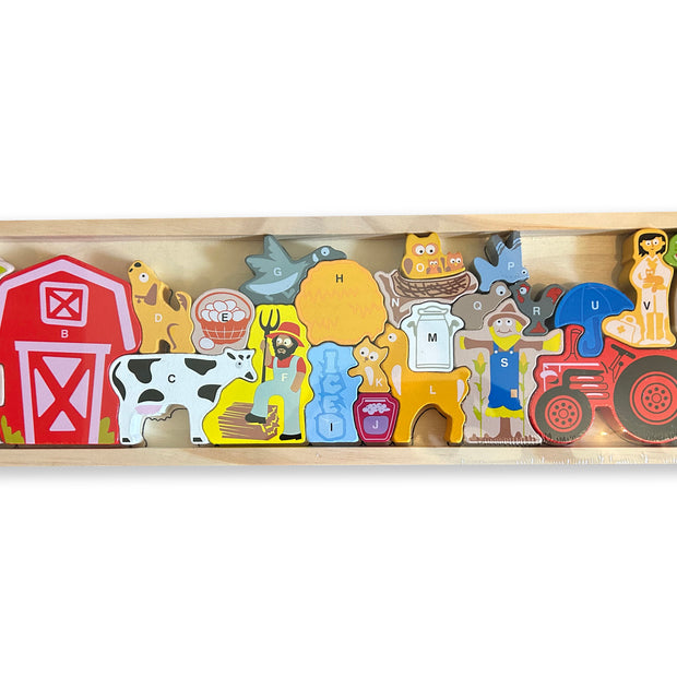 Abecedario en la Granja – Puzzle Montessori de Madera con Letras y Animales del Campo