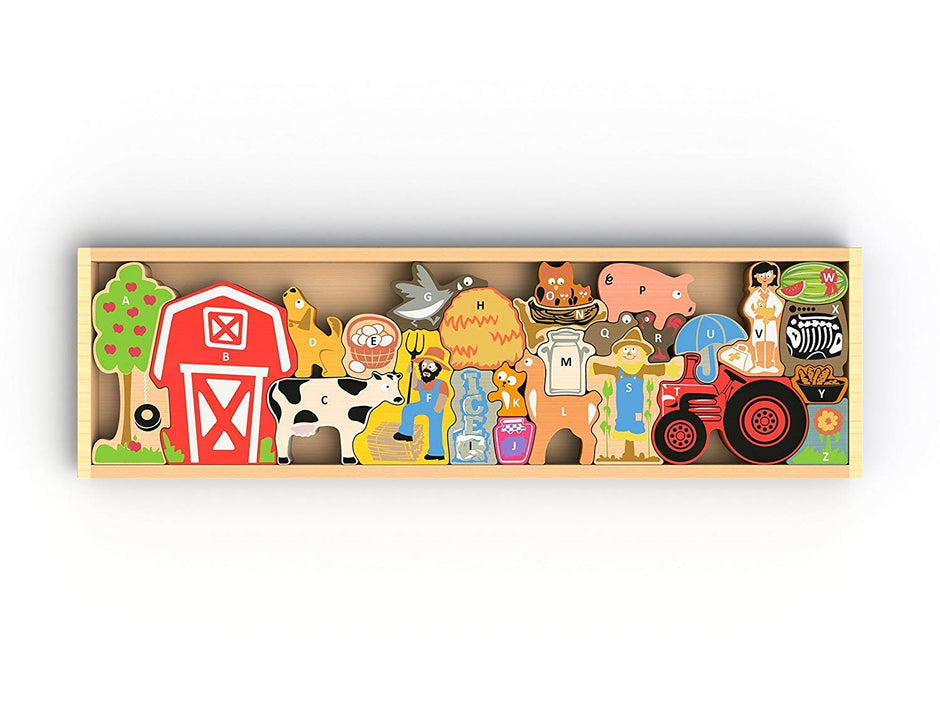 Abecedario en la Granja – Puzzle Montessori de Madera con Letras y Animales del Campo