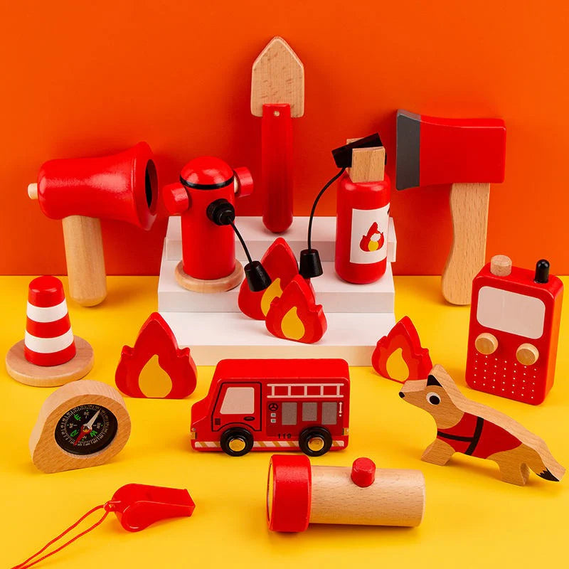 Brigada de Héroes – Kit de Bombero Infantil de Madera (22 piezas)