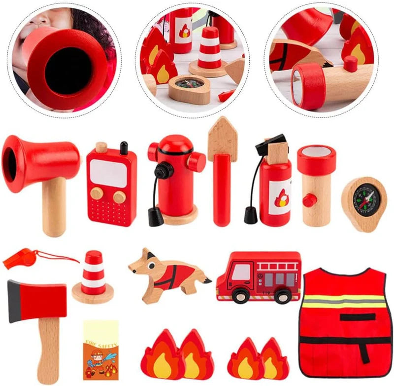 Brigada de Héroes – Kit de Bombero Infantil de Madera (22 piezas)