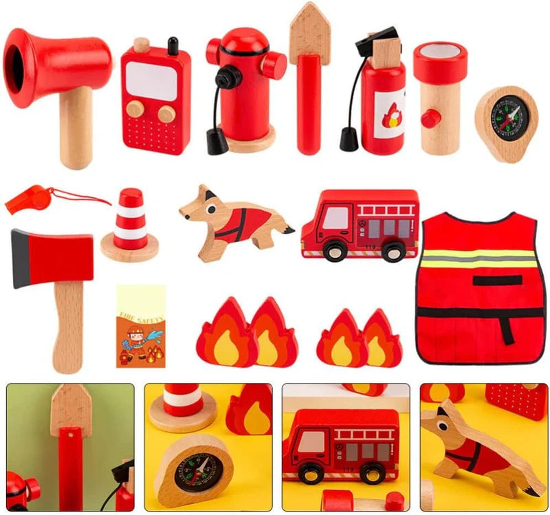 Brigada de Héroes – Kit de Bombero Infantil de Madera (22 piezas)