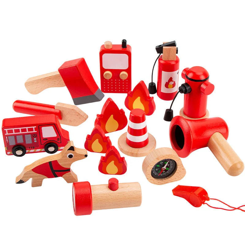 Brigada de Héroes – Kit de Bombero Infantil de Madera (22 piezas)