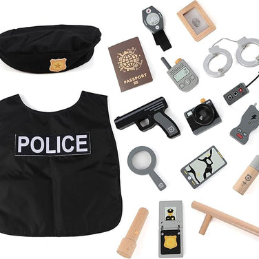 ¡Misión Secreta! Set de Accesorios de Policía de Madera y Chaleco – Juego de Rol para Pequeños Agentes