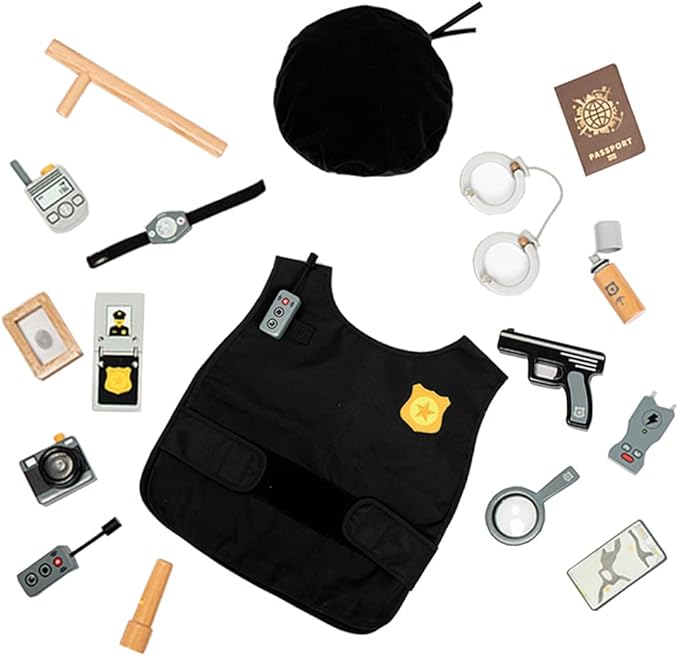 ¡Misión Secreta! Set de Accesorios de Policía de Madera y Chaleco – Juego de Rol para Pequeños Agentes