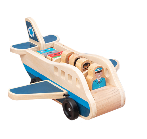 Avión de Madera con Pasajeros, Piloto y Maletas – Juego de viaje para imaginar y aprender