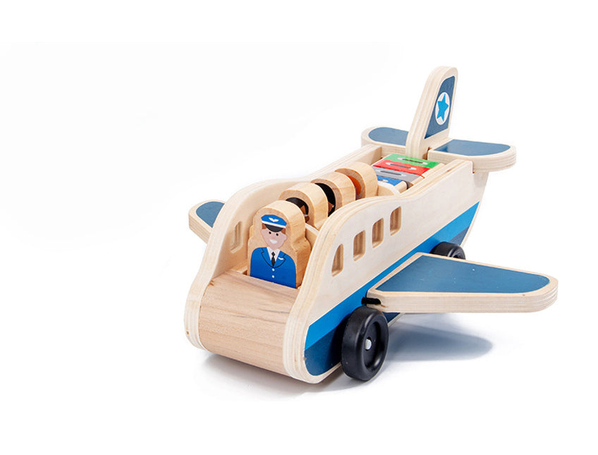 Avión de Madera con Pasajeros, Piloto y Maletas – Juego de viaje para imaginar y aprender