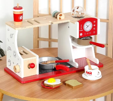 Breakfast Bar Deluxe – Desayunador de Madera con Cafetera, Tostadora y Accesorios