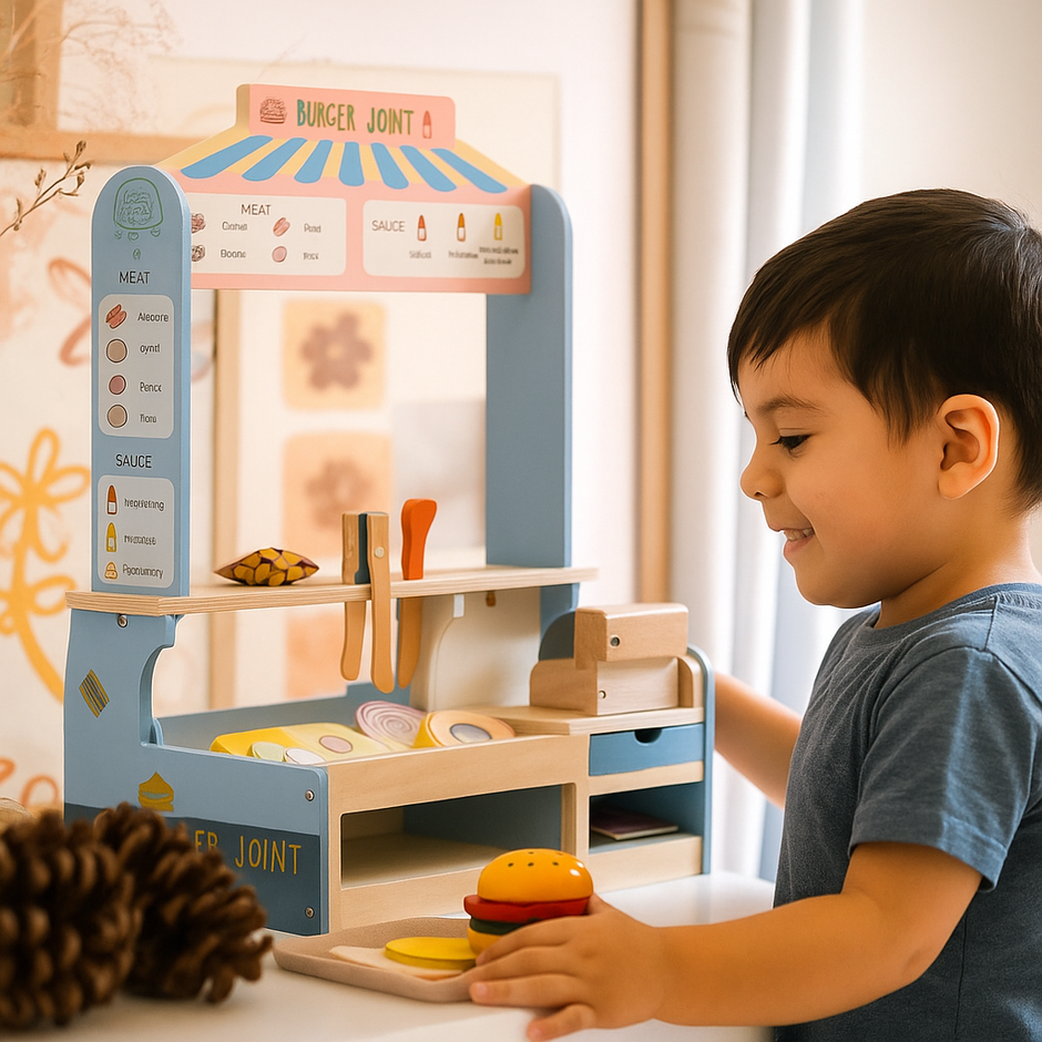 Burger Shop de Madera – Arma, Corta y Sirve: Juego de Comida Rápida Montessori