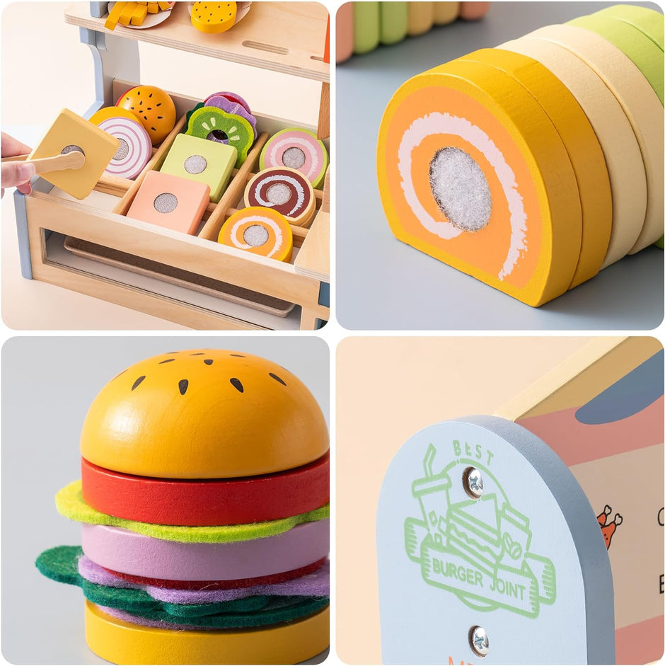 Burger Shop de Madera – Arma, Corta y Sirve: Juego de Comida Rápida Montessori