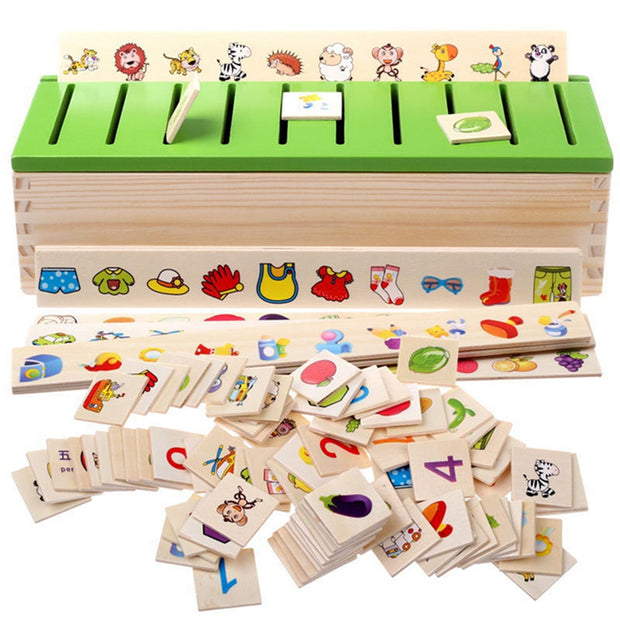 Juego de Clasificación y Reconocimiento de Figuras – Caja de madera con tarjetas educativa