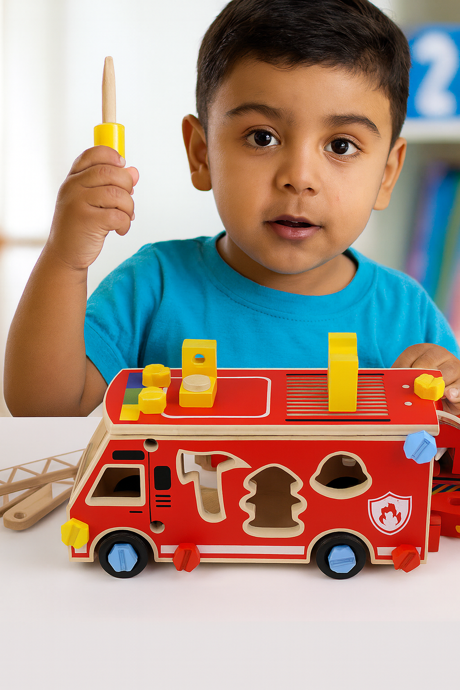 Camión de Bomberos de Madera con Herramientas – Juego Montessori