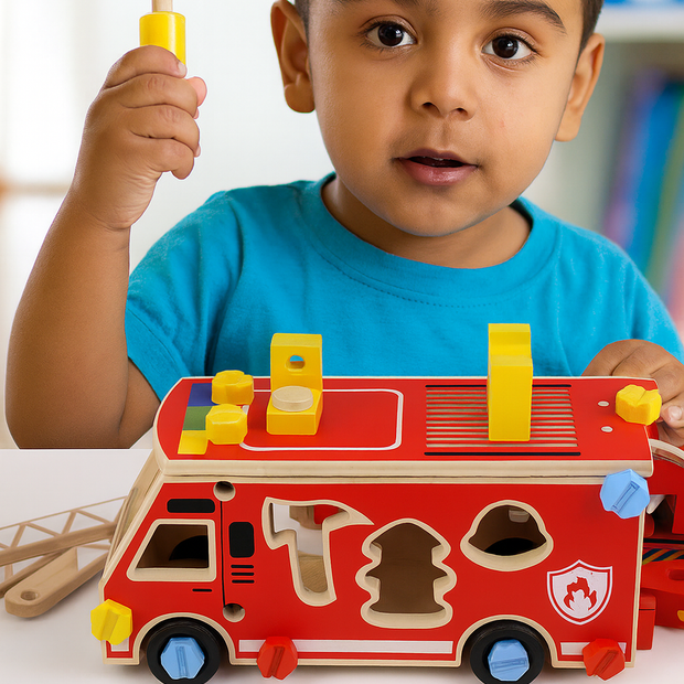 Camión de Bomberos de Madera con Herramientas – Juego Montessori