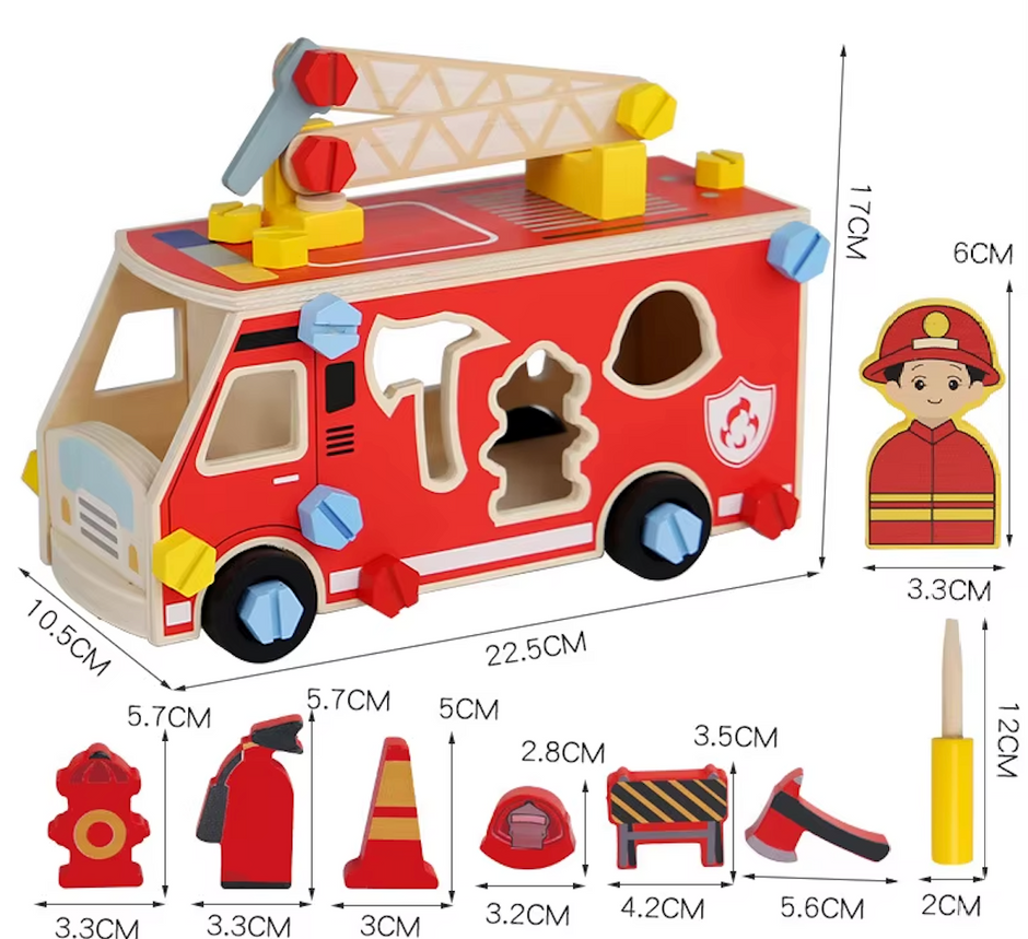 Camión de Bomberos de Madera con Herramientas – Juego Montessori