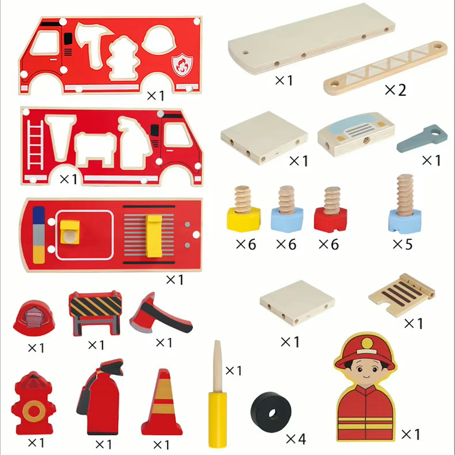 Camión de Bomberos de Madera con Herramientas – Juego Montessori