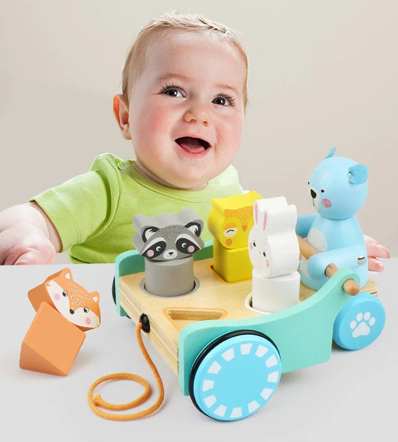 Carreta de Animales Aventureros – Juguete de arrastre y encaje de madera