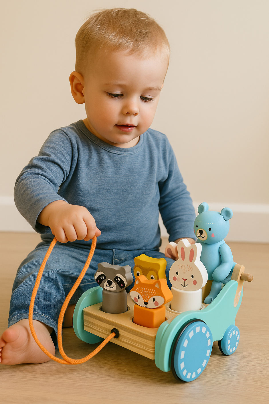 Carreta de Animales Aventureros – Juguete de arrastre y encaje de madera